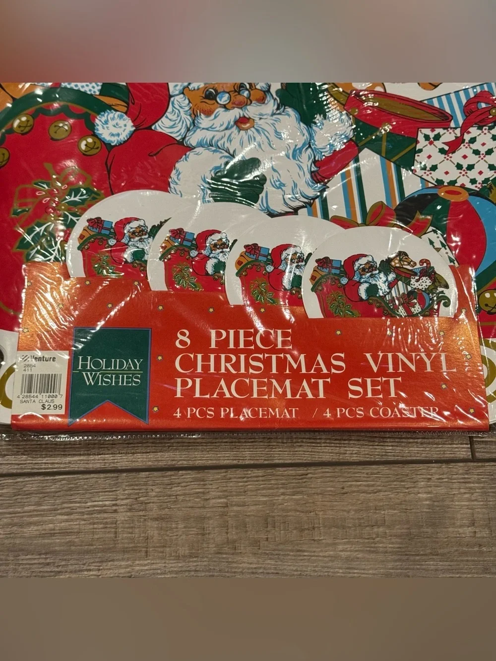 Set of 4 Vintage Christmas Vinyl Placemat & Coaster Set Santa Claus New 13